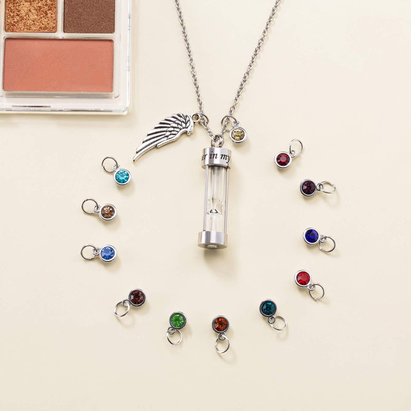 PREKIAR Cremation Urn Necklace for Ashes Time Hourglass Memory Jewelry Pendant Keepsake with Angel Wing and 12 Birthstones Forever In My Heart (Silver hourglass) - Image 5